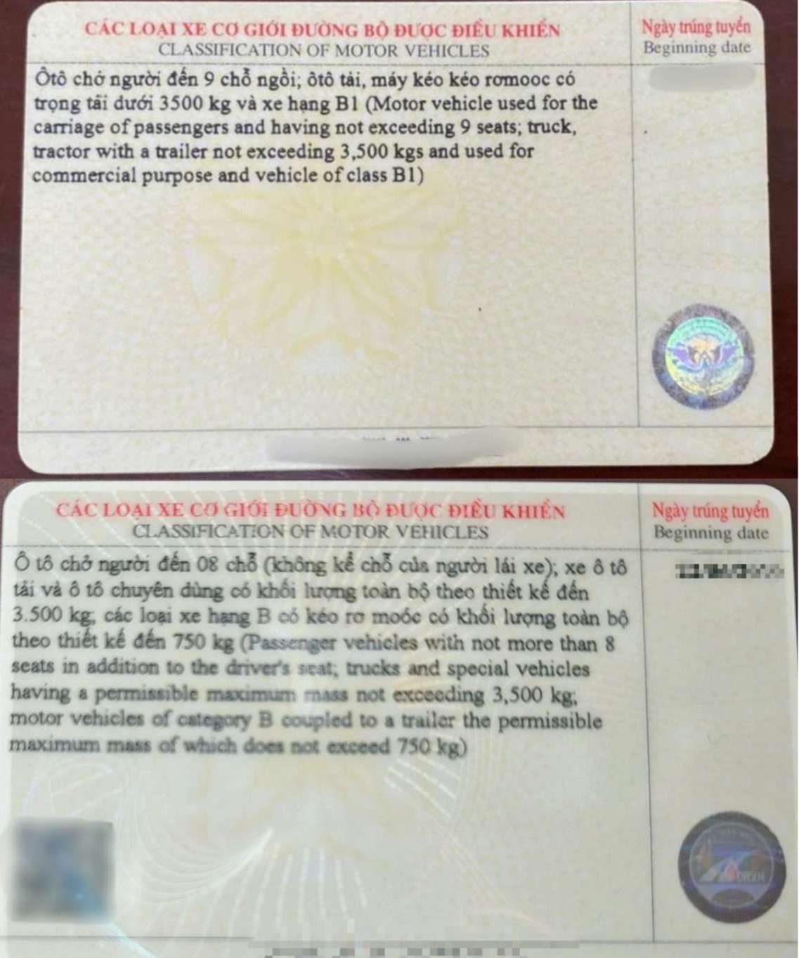 So sánh mặt sau của các loại xe được phép điều khiển của bằng lái hạng B2 cũ (trên) và hạng B mới (dưới). Ảnh: Thanh Bình