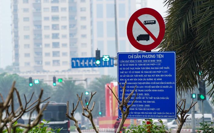 Biển chỉ dẫn tại khu vực nút giao Đại lộ Thăng Long - Trần Duy Hưng bị che khuất bởi cành cây.