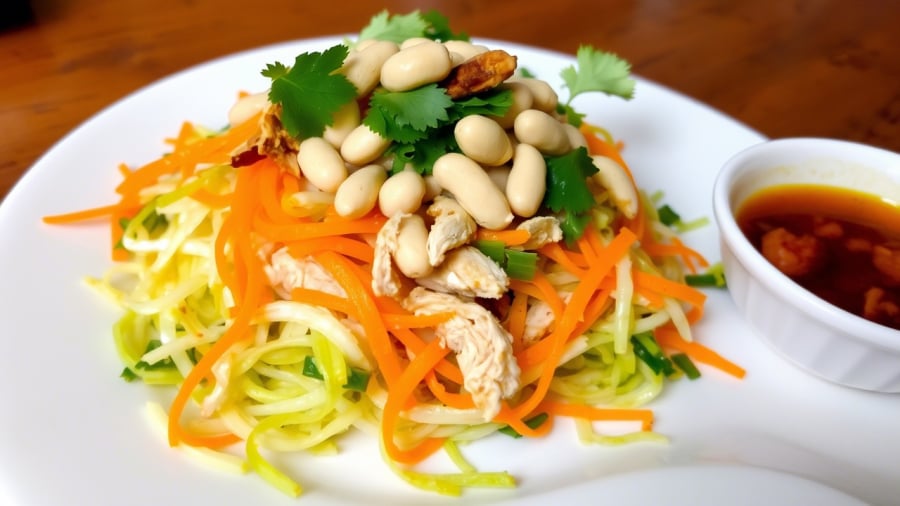 Đu đủ xanh bào sợi kết hợp với cà rốt, thịt gà xé phay, đậu phộng rang, chanh tỏi ớt… tạo nên món gỏi giòn tan, đậm đà hương vị miền quê