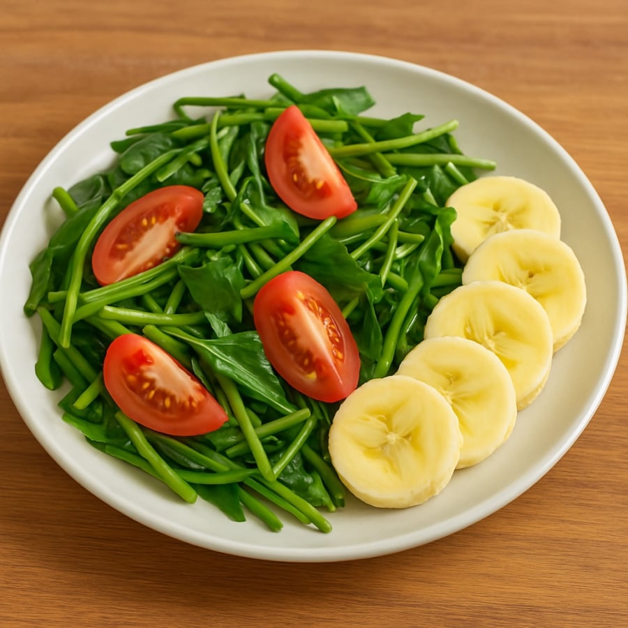 Chuối là một nguồn cung cấp kali dồi dào, vitamin B6, vitamin C và chất xơ. Còn với rau muống, đây là loại rau giàu chất xơ, vitamin A, C, K và các khoáng chất như canxi, sắt