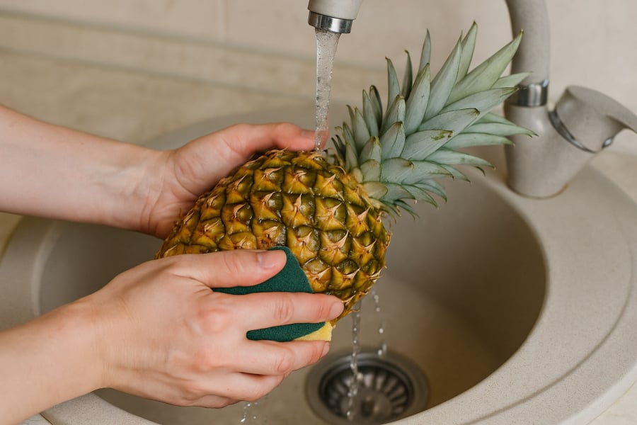 Vỏ trái cây sần sùi như dứa, mít là nơi vi khuẩn dễ trú ngụ nếu không được vệ sinh đúng cách.